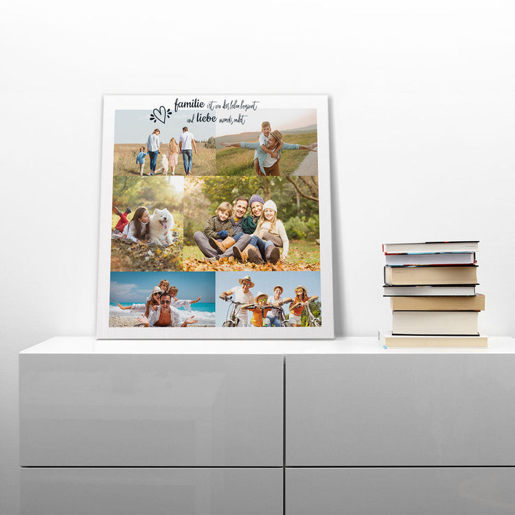 Personalisierte Leinwand mit einer Familienfoto-Collage und dem Spruch „Familie ist wo das Leben beginnt und Liebe niemals endet“, dekorativ auf einem Sideboard platziert.