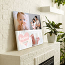 Personalisierte Leinwand zur Geburt mit mehreren Babyfotos, dem Namen „Sophia“ und Geburtsdatum, dekorativ auf einem Kaminsims platziert.