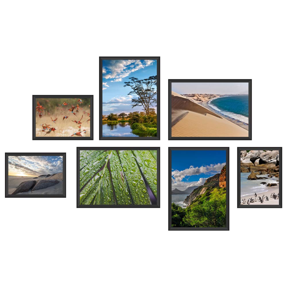 Poster-Set "Afrika" Hauptansicht Rückseite von sieben verschiednen Aufnahmen aus Landschaft und Tieren.