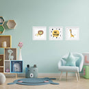 Niedliches Wandbilder-Set für das Kinderzimmer mit Löwen-, Giraffen- und Be Wild-Motiv. Perfekte Dekoration für eine spielerische und gemütliche Atmosphäre.