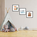 Kinderzimmer Wanddekoration mit Fuchs und Bär, die den Text 'Be Brave Little One' tragen, umgeben von Kuscheltieren und einem Tipi.