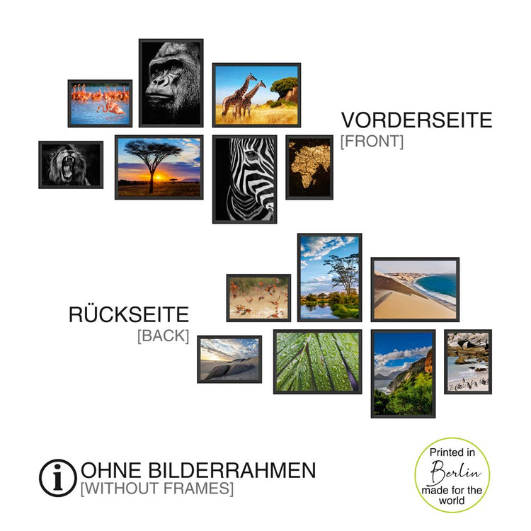 Poster-Set "Afrika" Vorderseite und Rückseite in der Übersicht. 7 Poster mit gesamt 14 Motiven.