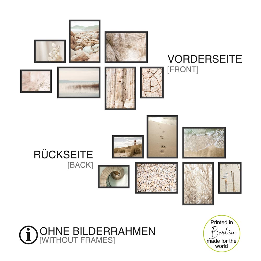 Poster-Set Komplet-Ansicht: "Ostsee Natur". Übersicht beider Seiten in schwarzen Rahmen als Dekoidee.