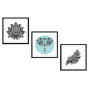 Drei dekorative Bilderrahmen mit handgezeichneten Designs: Ein Lotusblütenmuster, ein Elefant im Kreis mit kunstvollen Details und eine Feder mit zarten Mustern. Alle Bilder sind in schwarzen Rahmen präsentiert und bilden eine harmonische Wanddekoration.