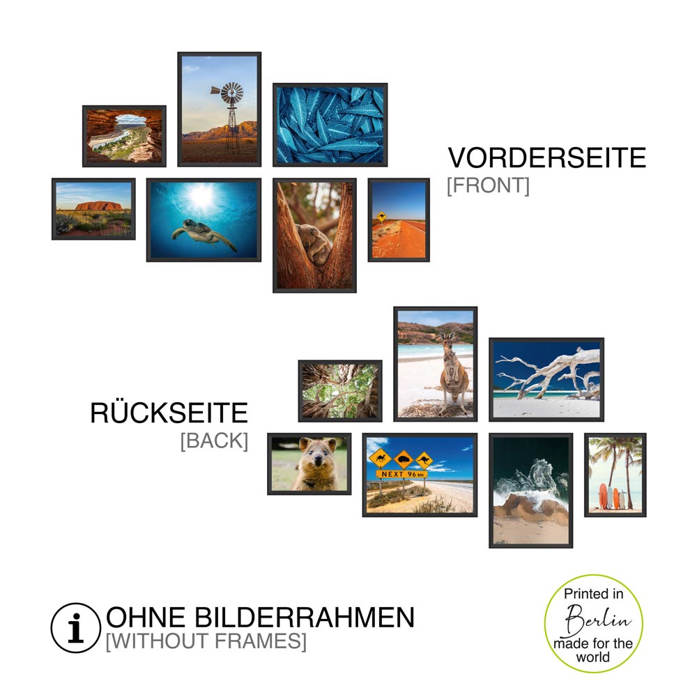 Posterset "Australien" Übersicht der Motive, Vorder und Rückseite.
