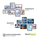 Poster-Set aus der Winterlandschaft, mit der Vorderseite Tiere und die Rückseiten Landschaften. Als Dekoidee im schwarzen Rahmen an einer weissen Wand angeordnet.