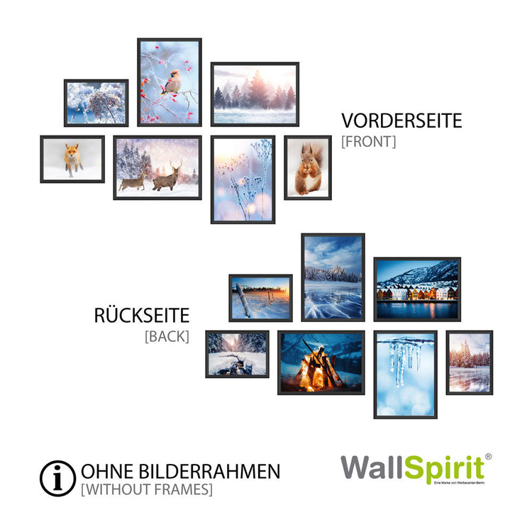 Poster-Set aus der Winterlandschaft, mit der Vorderseite Tiere und die Rückseiten Landschaften. Als Dekoidee im schwarzen Rahmen an einer weissen Wand angeordnet.