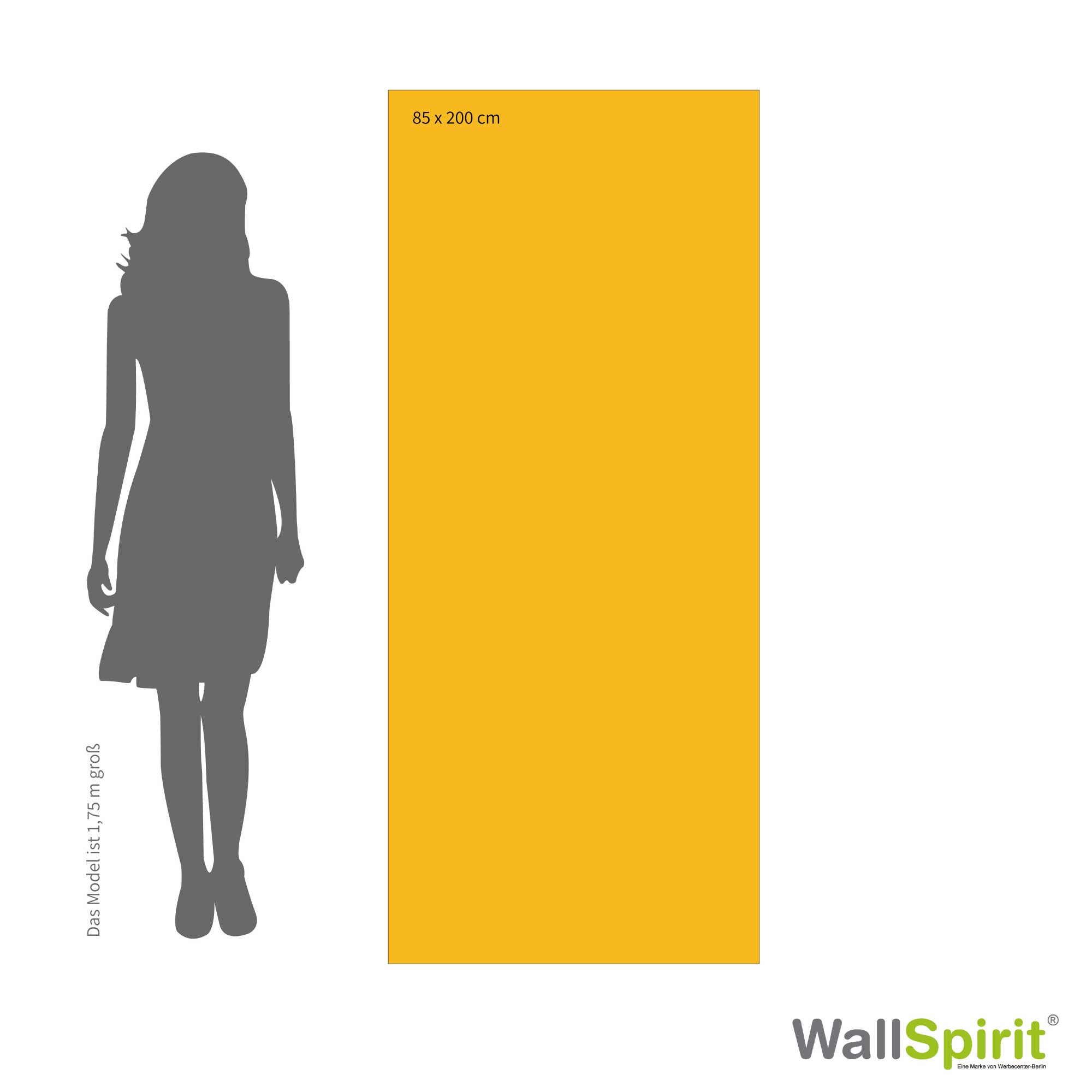 Größenvergleich eines Roll-Up-Displays mit den Maßen 85 x 200 cm neben einer 1,75 m großen Silhouette zur besseren Veranschaulichung.