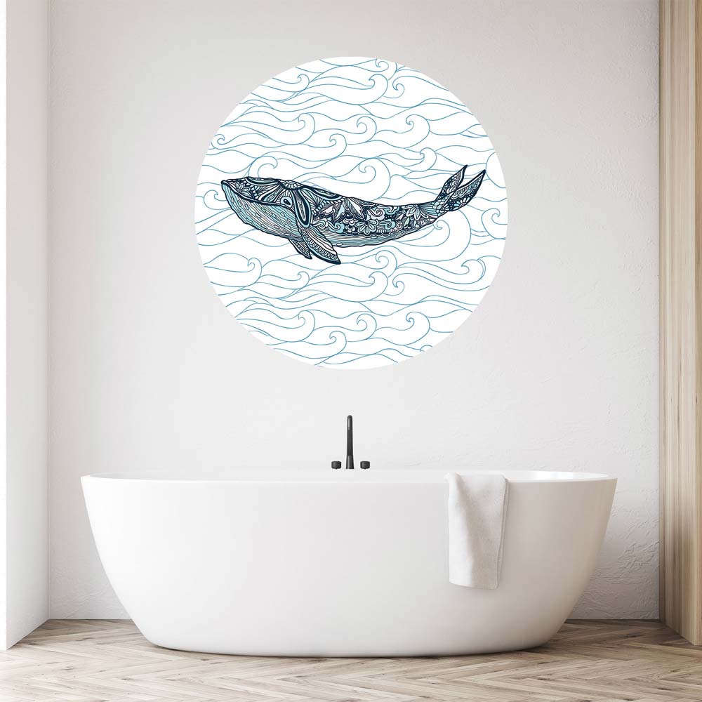 Runder Wandsticker mit Wal-Motiv und wellenförmigem Hintergrund. Ideal als stilvolle Wanddekoration im Badezimmer oder Wohnbereich.