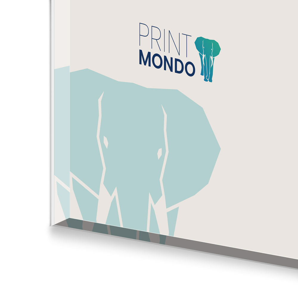 Detailansicht von einem bedruckten Acrylglas mit Print Mondo Logo und Elefanten in weiss und türkis. Das Schild wird von hinten verklebt was dem Bild eine Tiefe gibt.
