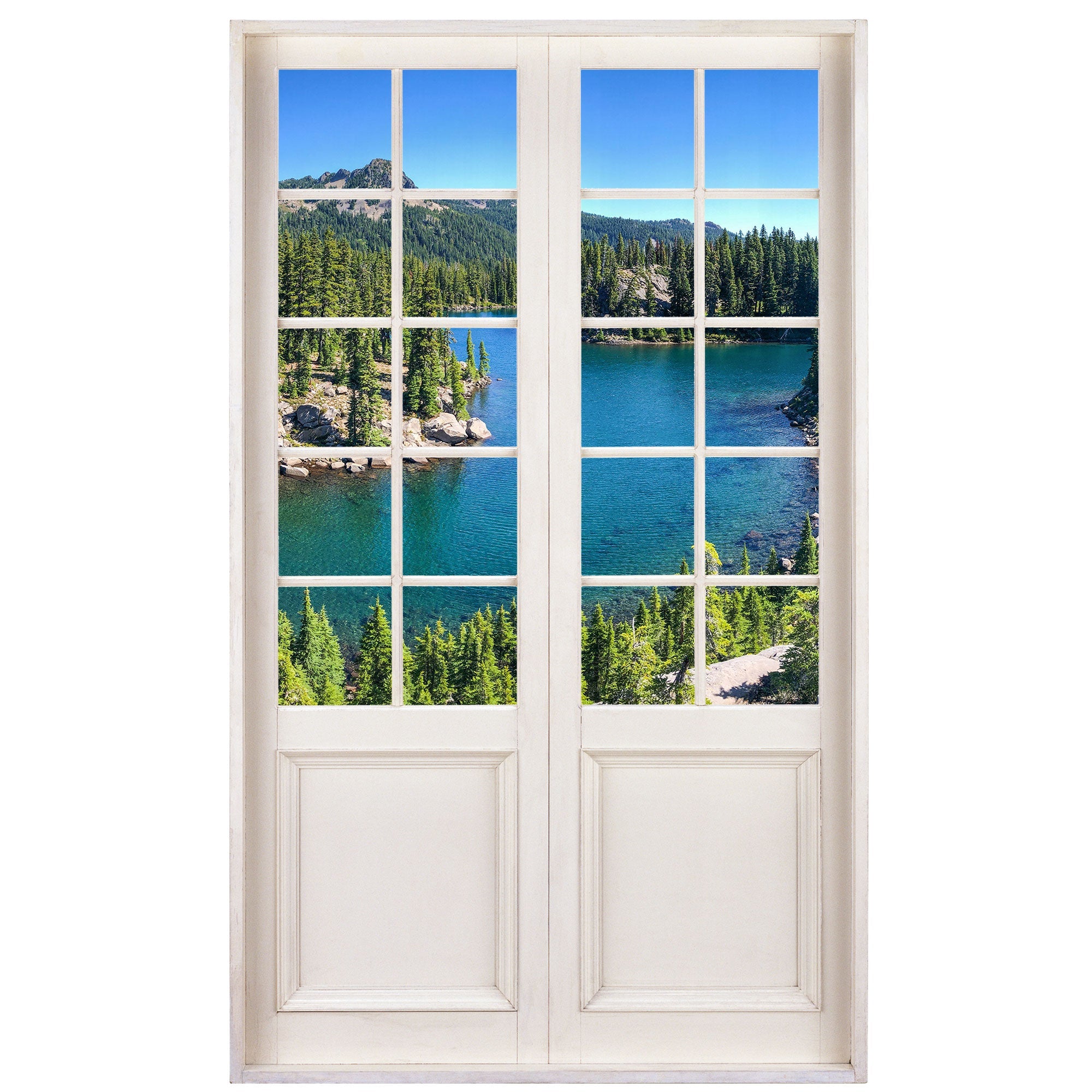 Terrassentür mit weissen Sprossen in weiss, mit Aussicht auf See mit Bergpanorama. Für kleine, dunkle oder Räume ohne Fenster zur Vergrößerung der Optik.