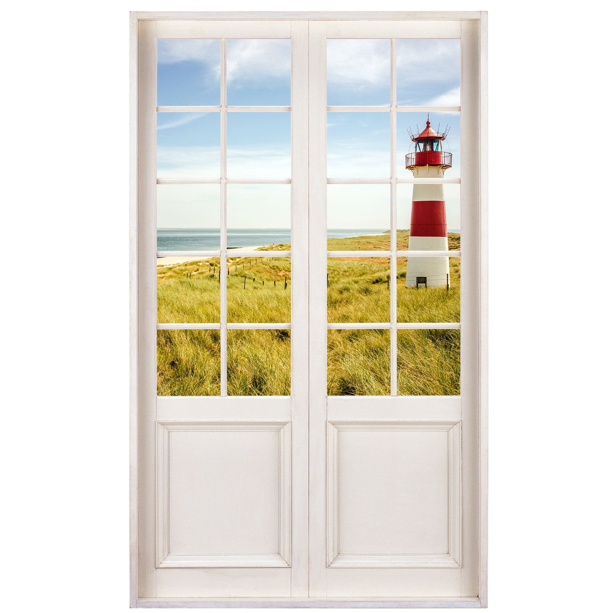 Produktbild Terrassentür Aufkleber mit Aussicht auf Ostsee mit Leuchtturm.