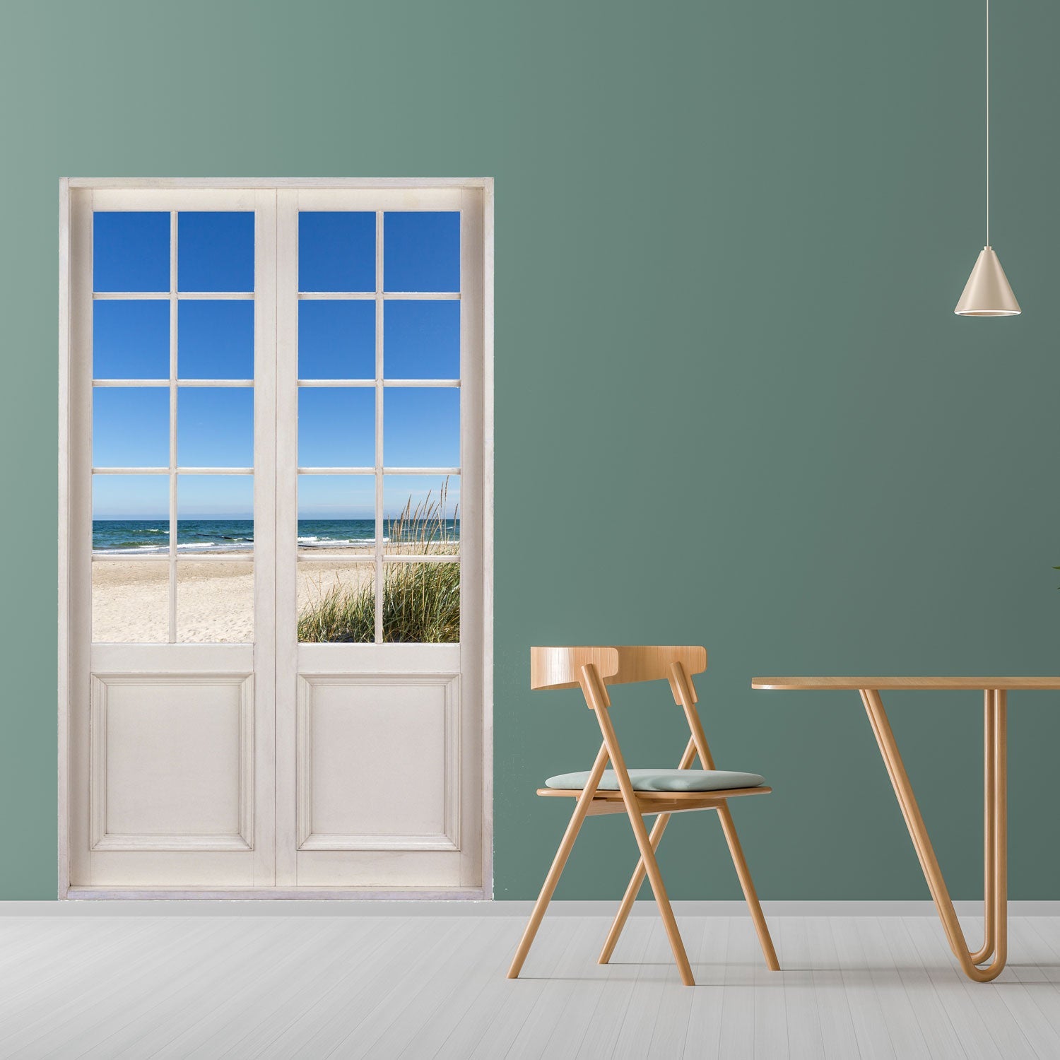 Selbstklebende Wandtapete, Tür mit weissen Sprossen und toller Aussicht auf Düne, Strand und Meer. An einer grünen Wand in einer Essecke verklebt.
