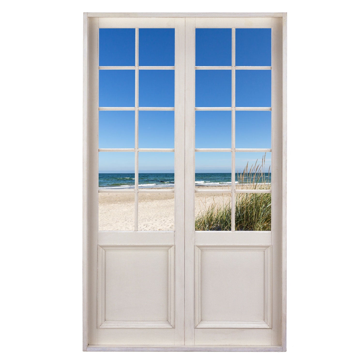 Terrassentür Aufkleber mit Aussicht auf einen Ostseestrand mit Düne und blauem Himmel.