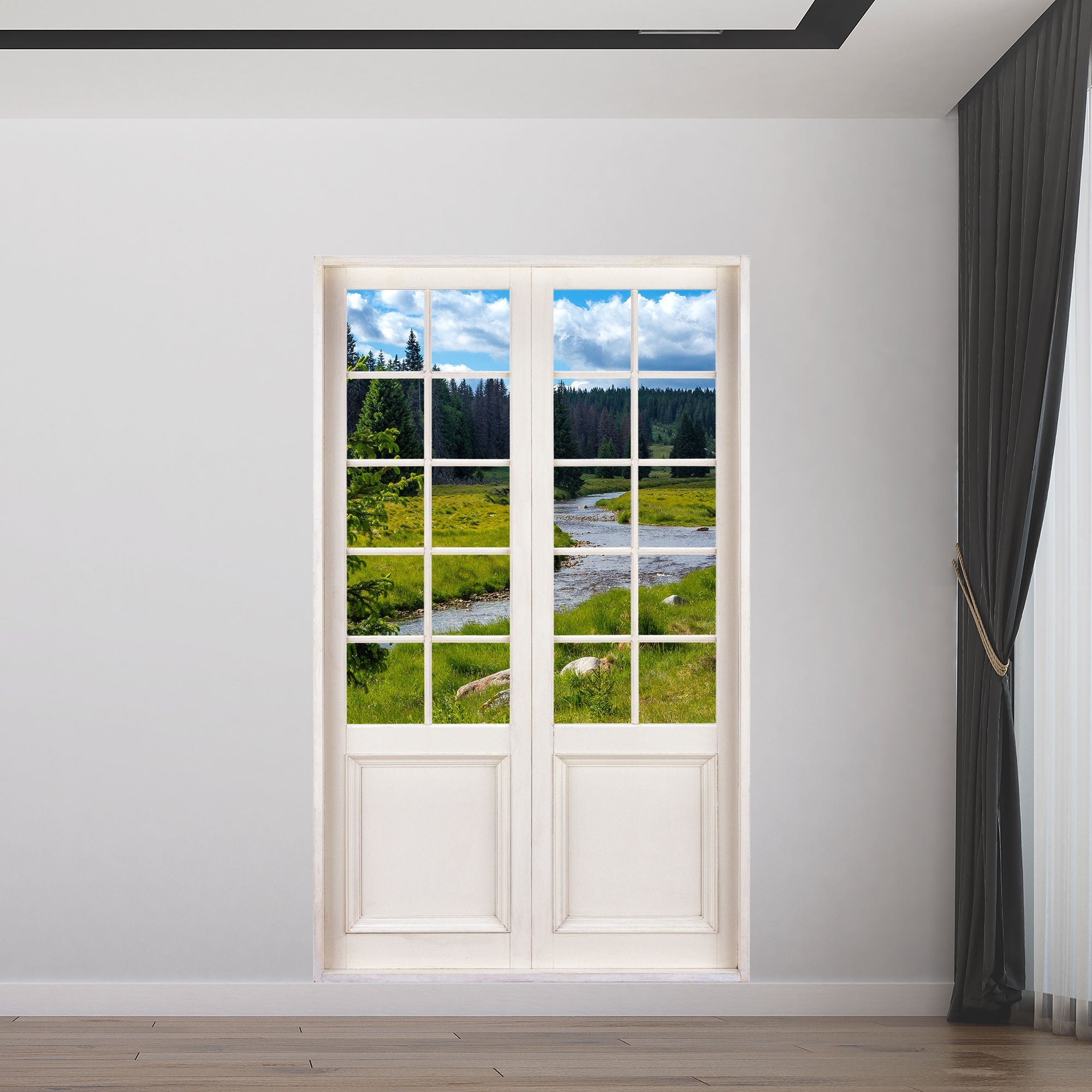 Selbstklebende Wandtapete Terrassentür mit toller Aussicht auf einen Fluss und Wald. Verklebt an einer grauen Wand neben einer Gardine.