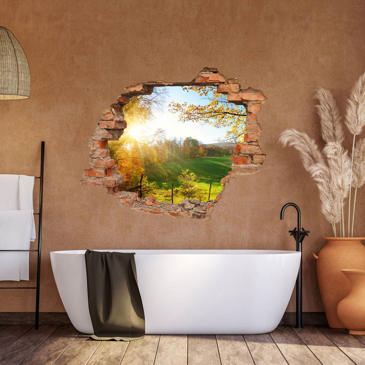 Wandtattoo - Wanddurchbruch Aufkleber "Waldlichtung" im modernem Badezimmer über der Badewanne verklebt.