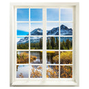 Selbstklebendes Wandbild mit Aussicht aus dem mitgedrucktem Fenster für Flur, Bad und Wohnzimmer. Motiv verschneite Berge hinter einem Flus, mit einem Wald.
Großansicht ohne Raum.