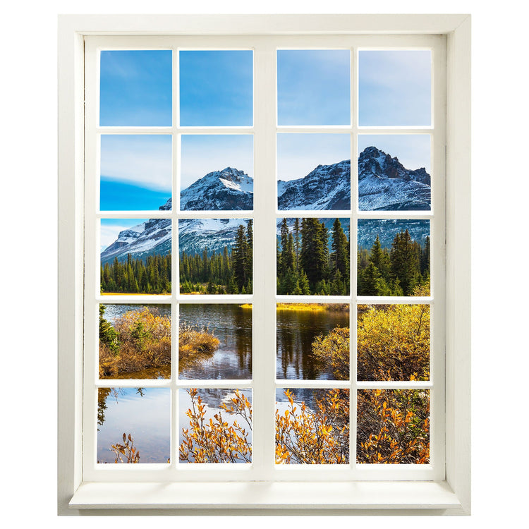 Selbstklebendes Wandbild mit Aussicht aus dem mitgedrucktem Fenster für Flur, Bad und Wohnzimmer. Motiv verschneite Berge hinter einem Flus, mit einem Wald.
Großansicht ohne Raum.
