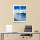 Selbstklebende in Fensterform gedruckt und geschnittener Aufkleber mit toller Landschafts-Fotografie "Berge und See". In einem Arbeitszimmer, an einer gelben Wand über dem Schreibtisch.