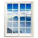 Wandaufkleber Fensterblick geschlossen, selbstklebend mit erholsamer Aussicht auf ein Bergpanorama und See. Hauptbild ohne Raum.