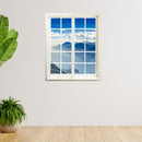 Hingucker für dunkle Räume ohne Fenster oder leerer Wand, selbstklebendes Wandtattoo als gedruckter Fensterrahmen mit tollem Ausblick auf ein Bergpanorama mit einem See. Hier an einer Wand mit Holzboden und Zimmerpflanzen.