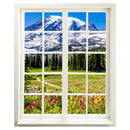 Wandaufkleber Fensterblick-geschlossen, selbstklebend mit erholsamer Aussicht auf "Berge und Wildblumen" mit einem Tannenwald im Sonnenschein, sorgt für Entspannung und Urlaubsgefühle.