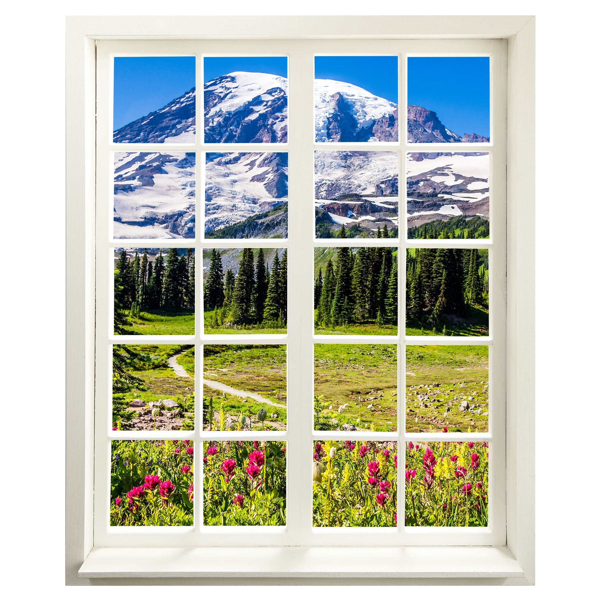 Wandaufkleber Fensterblick-geschlossen, selbstklebend mit erholsamer Aussicht auf "Berge und Wildblumen" mit einem Tannenwald im Sonnenschein, sorgt für Entspannung und Urlaubsgefühle.