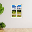 Wandaufkleber Sprossenfenster mit toller Aussicht, vergrößert Zimmer optisch. "Berge mit Wildblumen" Ausblick an einer freien Wand neben Zimmerpflanzen verklebt.