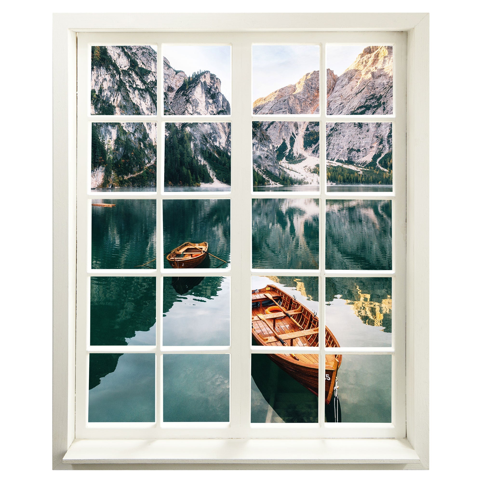 Wandaufkleber Fensterblick geschlossen mit weissem Rahmen, selbstklebend mit erholsamer Aussicht auf einen "Bergsee" mit zwei Booten. Hauptbild.
