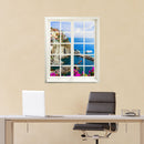 Selbstklebende Wandtapete in Form eines Fensters mit toller Landschafts-Fotografie auf das Dorf Cinque Terre. In einem Arbeitszimmer, an einer gelben Wand über einem Schreibtisch.