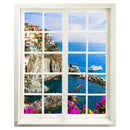 Wandaufkleber Fenster geschlossen, selbstklebend mit erholsamer Aussicht auf ein Dorf am Meer namens Cinque Terre. Haupbild