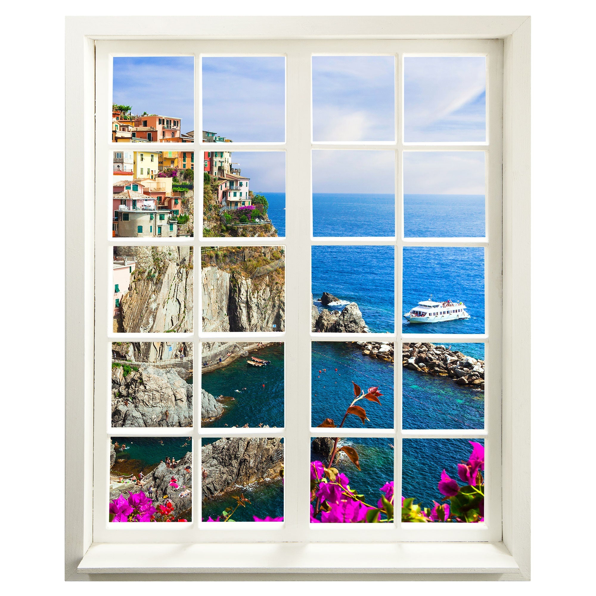 Wandaufkleber Fenster geschlossen, selbstklebend mit erholsamer Aussicht auf ein Dorf am Meer namens Cinque Terre. Haupbild