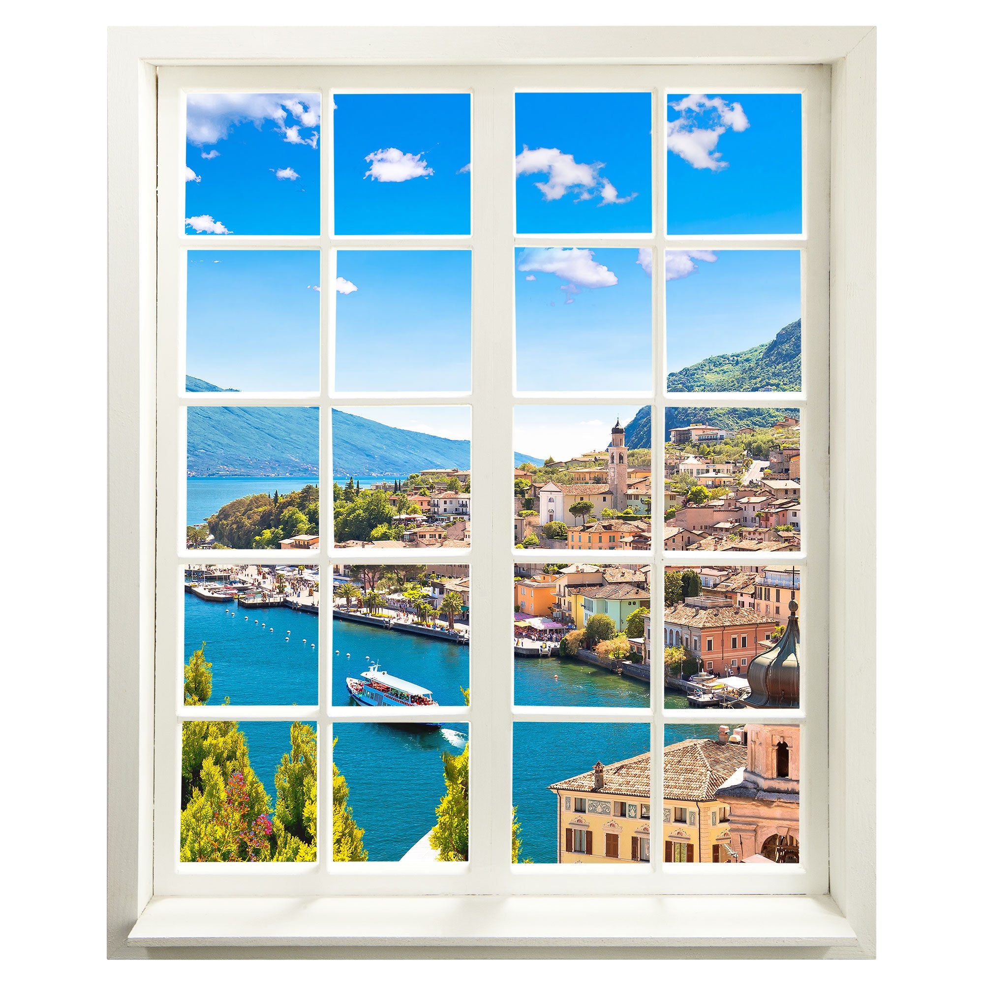 Wandaufkleber Fensterblick geschlossen, selbstklebend mit schönem Urlaubsmotiv vom Gardasee.
Das Motiv "Dorf am See" gibt jedem Raum ein Gefühl von Urlaub und erschafft Größe. Hauptbild 