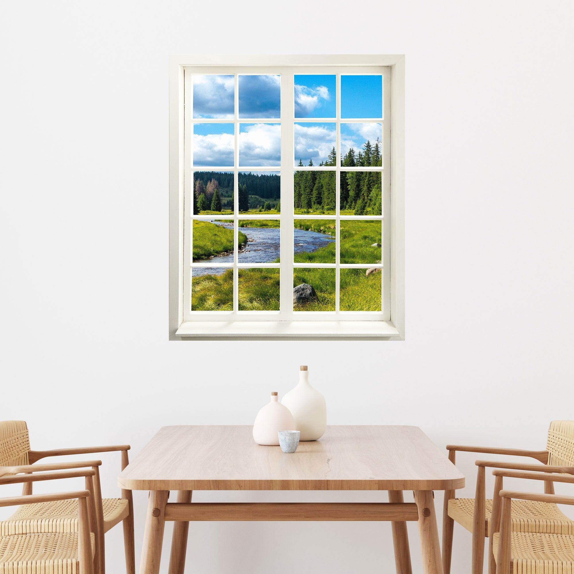 Wandaufkleber Sprossenfenster mit toller Aussicht "Fluss-Landschaft", hier über dem Essplatz, vergrößert Zimmer optisch.