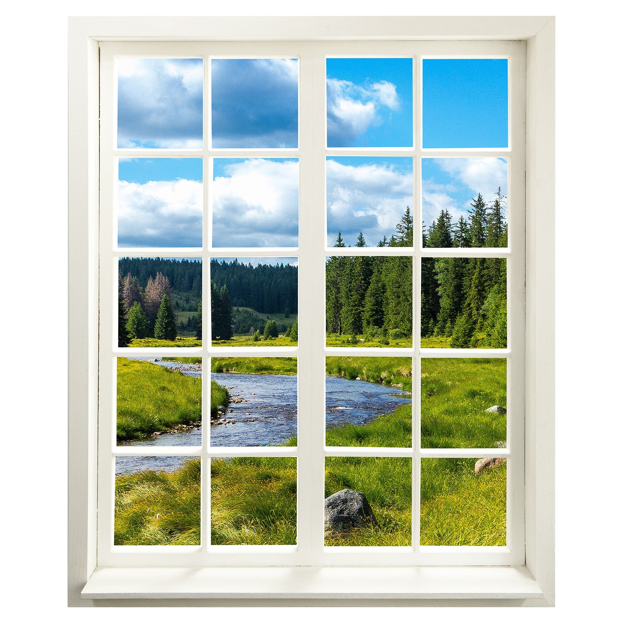 Selbstklebendes Wandtattoo mit Fenster-Blick auf eine "Fluss-Landschaft"