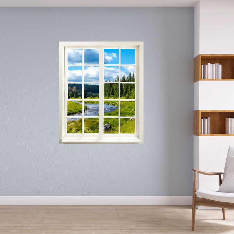 Fenstermotiv als Wandtattoo selbstklebend, mit tollem Ausblick auf die "Fluss-Landschaft" an einer grauen Wand in einer Leseecke.