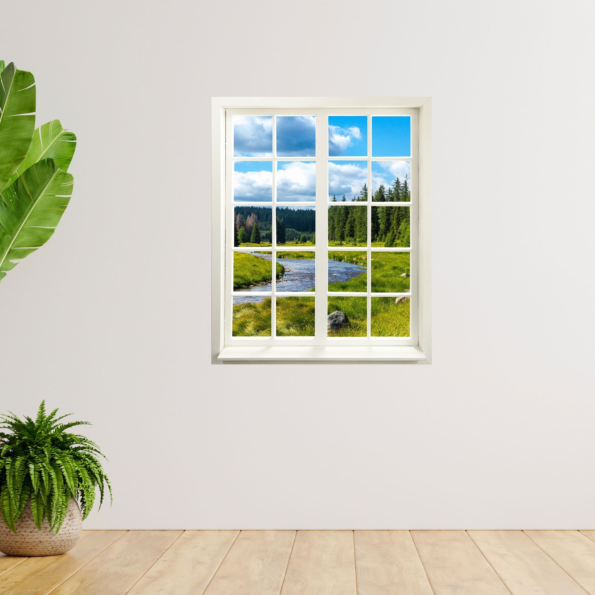 Selbstklebendes Wandbild mit Ausblick durch ein gedrucktes Fenster mit "Fluss-Landschaft" an der Wand neben großen Zimmerpflanzen.