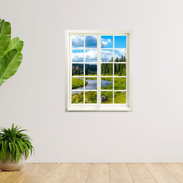 Selbstklebendes Wandbild mit Ausblick durch ein gedrucktes Fenster mit "Fluss-Landschaft" an der Wand neben großen Zimmerpflanzen.