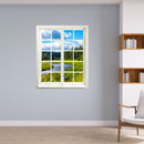 Wandaufkleber Sprossenfenster mit toller Aussicht "Fluss-Landschaft", hier in einer Leseecke an einer grauen Wand, vergrößert Zimmer optisch.