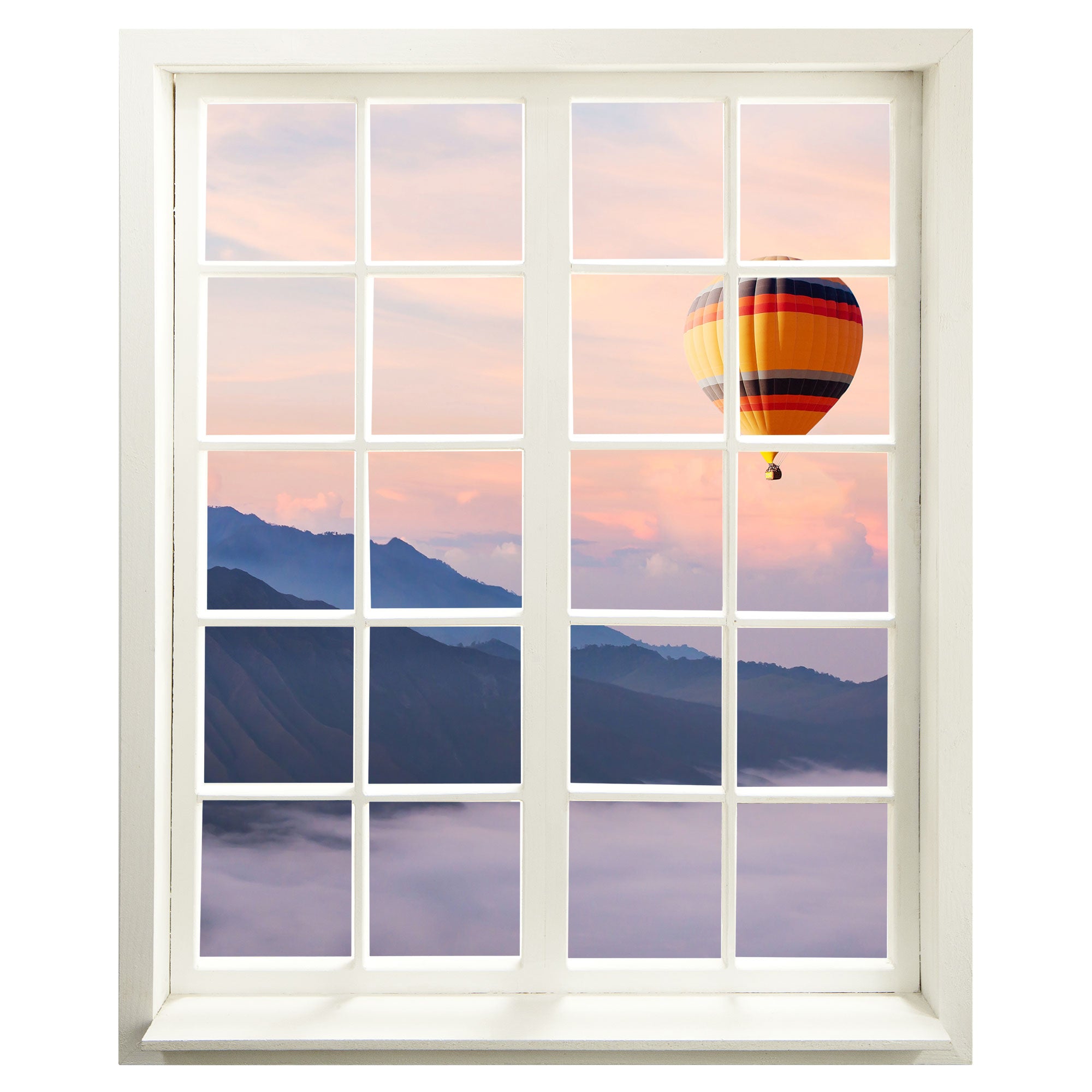 Wandaufkleber Fenster, selbstklebend mit erholsamer Aussicht auf einen Heißluftballon über einem Bergpanorama. 