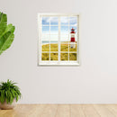 Wandtattoo Motiv Fensterblick geschlossen "Leuchtturm" in einem Zimmer mit Topfpflanzen.