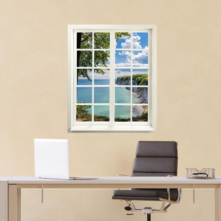 Wandtattoo Fensterblick "Meer und Bucht" in modernem Arbeitszimmer an einer gelben Wand.