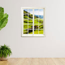 Wandtattoo - geschlossener Fensterblick "Schwarzwald" an weißer Wand neben Zimmerpflanzen.