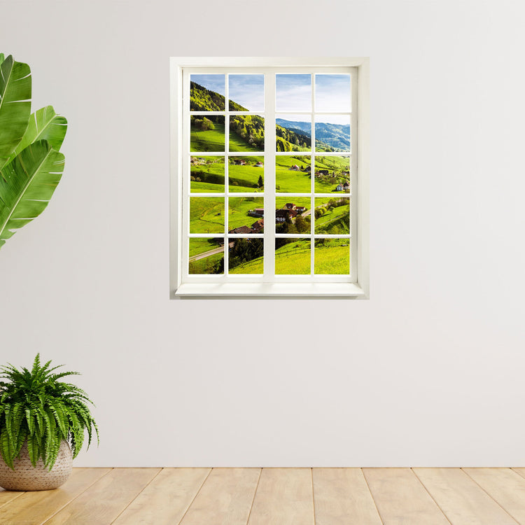 Wandtattoo - geschlossener Fensterblick "Schwarzwald" an weißer Wand neben Zimmerpflanzen.