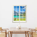 Selbstklebendes Wandaufkleber-Bild für Flur, Bad oder Wohnzimmer mit Fensterrahmen. Hier mit dem Ausblick "See-Türkis" in den Bergen, über einem Esstisch.