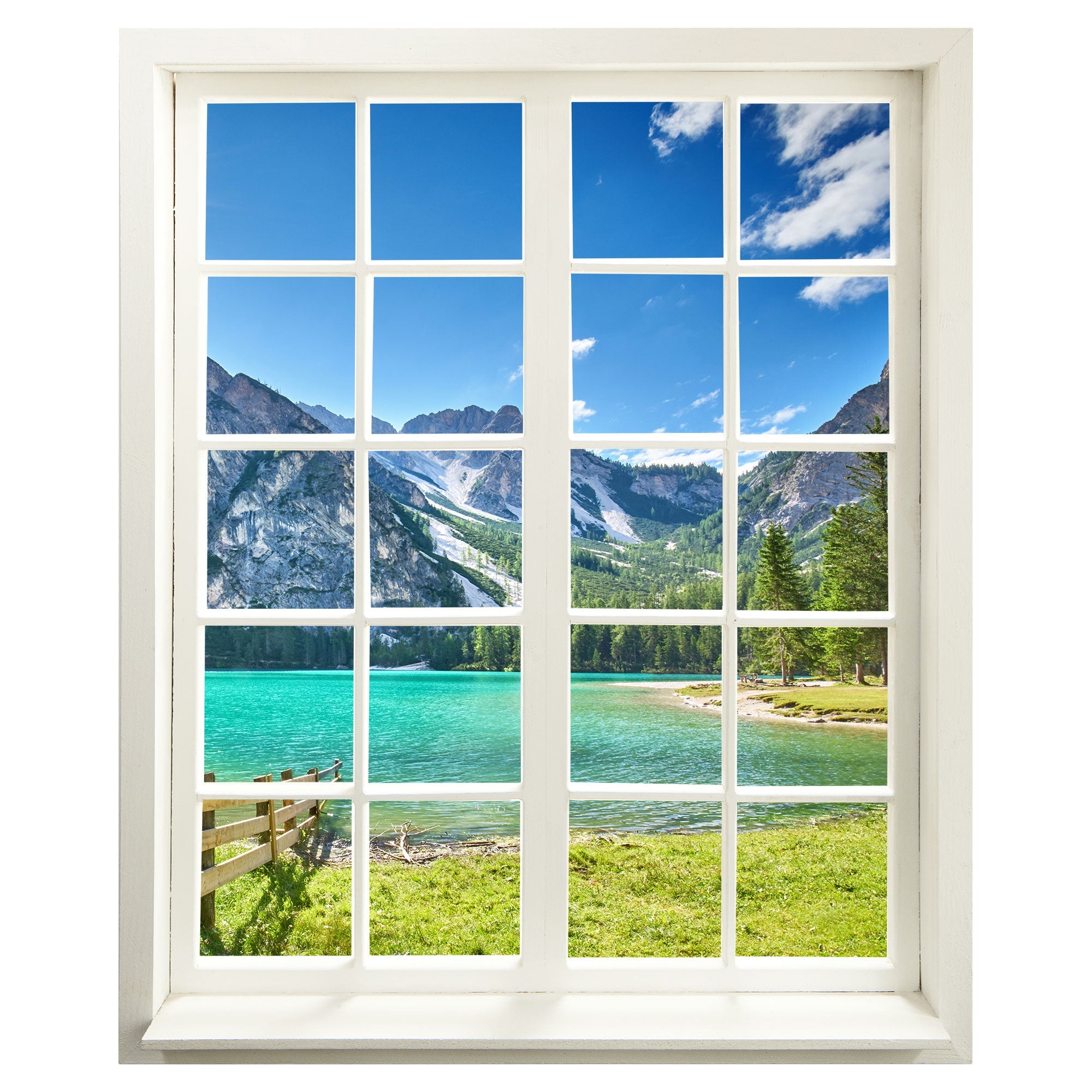 Wandtattoo selbstklebend mit Blick auf "See-Türkis" und mit gedrucktem weissen Fensterrahmen.