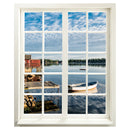Wanddekoration Wandaufkleber mit Blick durch ein gedrucktes Fenster mit Sprossen und dem beruhigendem Blick auf das Seeufer mit einem Boot. Hauptbild.