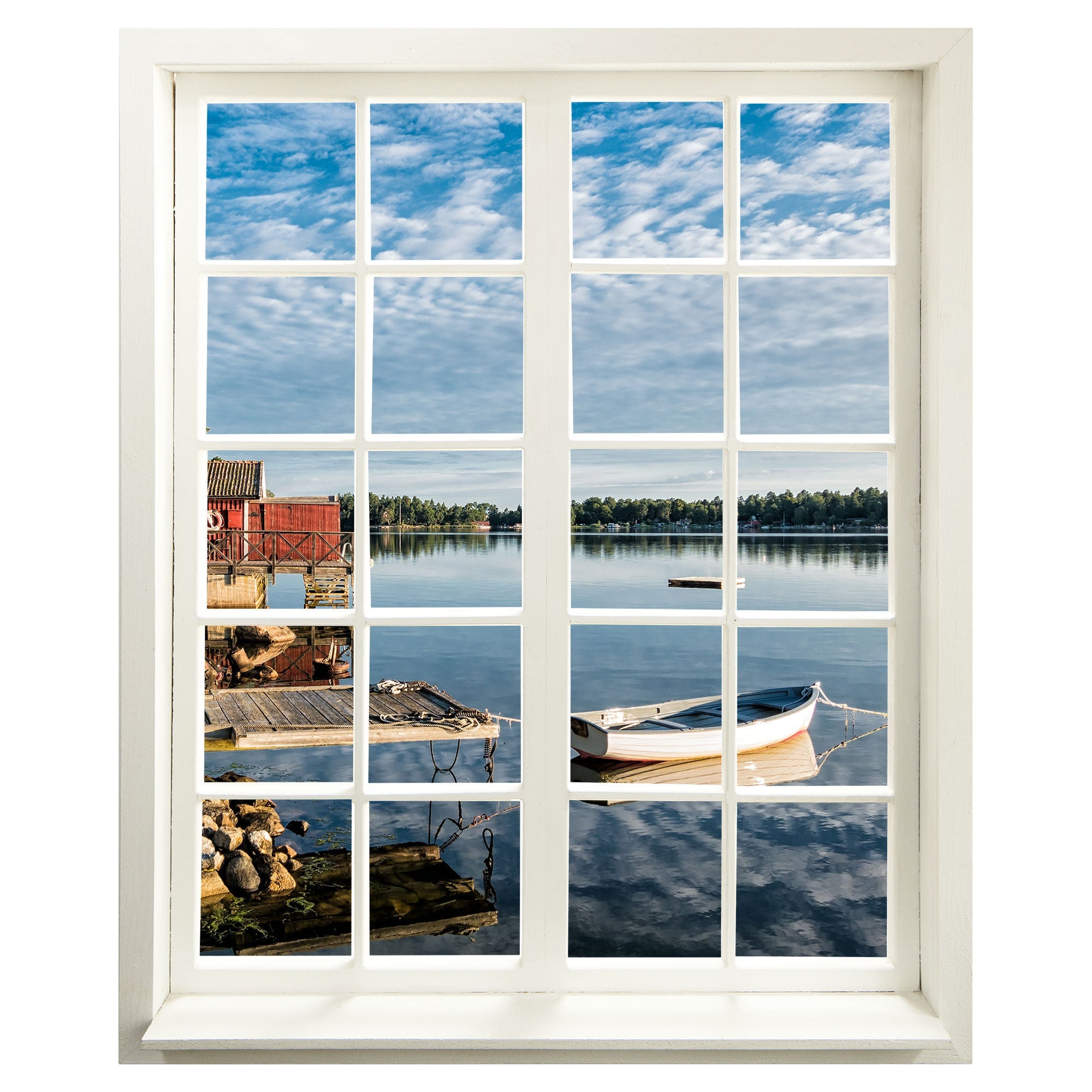 Wanddekoration Wandaufkleber mit Blick durch ein gedrucktes Fenster mit Sprossen und dem beruhigendem Blick auf das Seeufer mit einem Boot. Hauptbild.