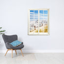 Wandtattoo Motiv Fensterblick: "Strandkörbe Ostsee" in modern-gemütlicher Leseecke neben einem grauen Sessel.