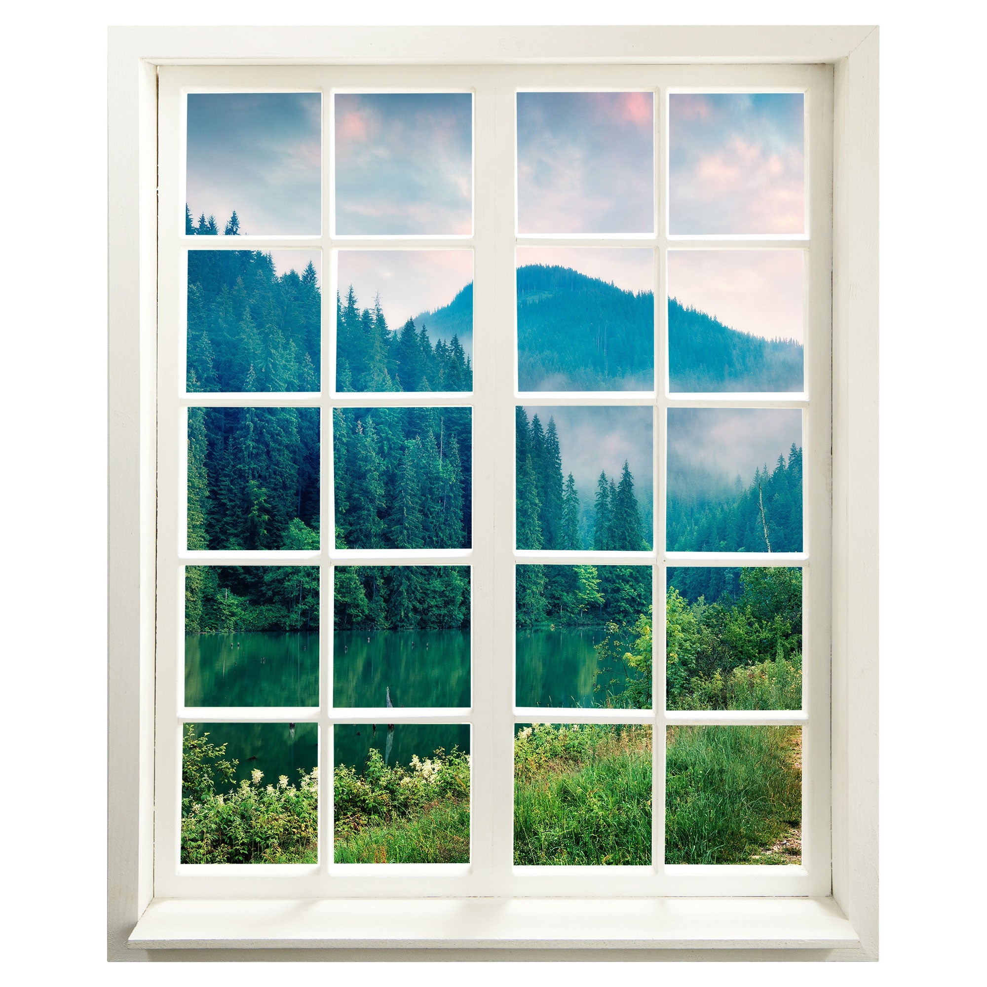 Wandaufkleber Fensterblick, selbstklebend mit erholsamer Aussicht in einen "Tannenwald mit See". Hauptbild
